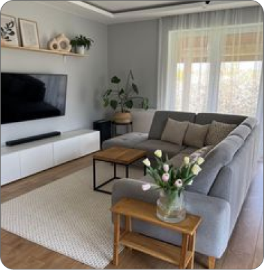 Comfortable office with plants, wooden desk, and two black chairs